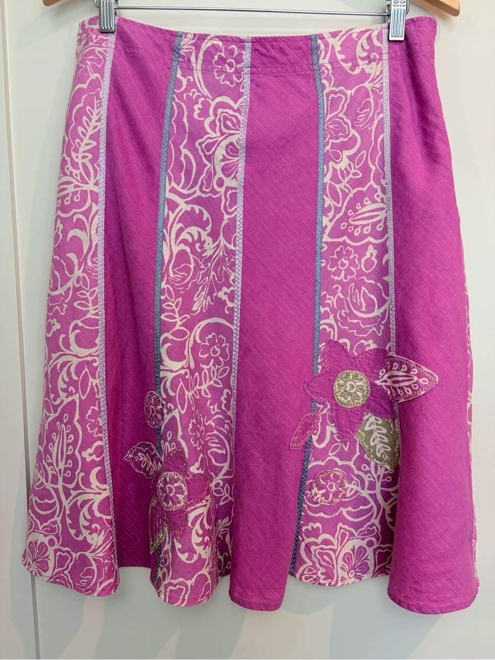 Sigrid Olsen Pink Linen Blend Floral Appliqué A-Line Skirt Size 12